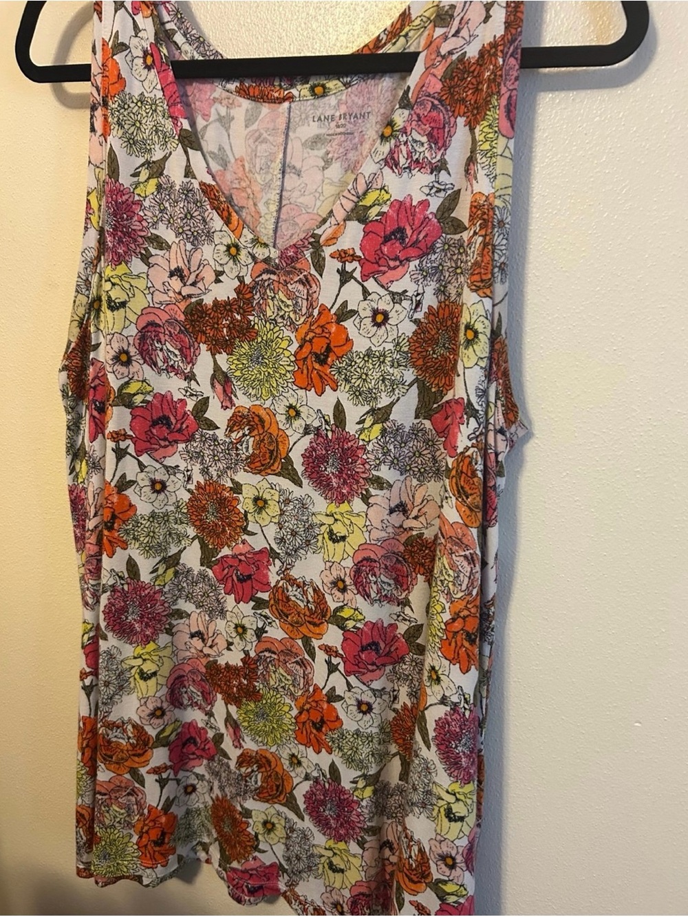 Lane Bryant White Floral V-Neck Tank with Pink, Orange and Yellow Flowers